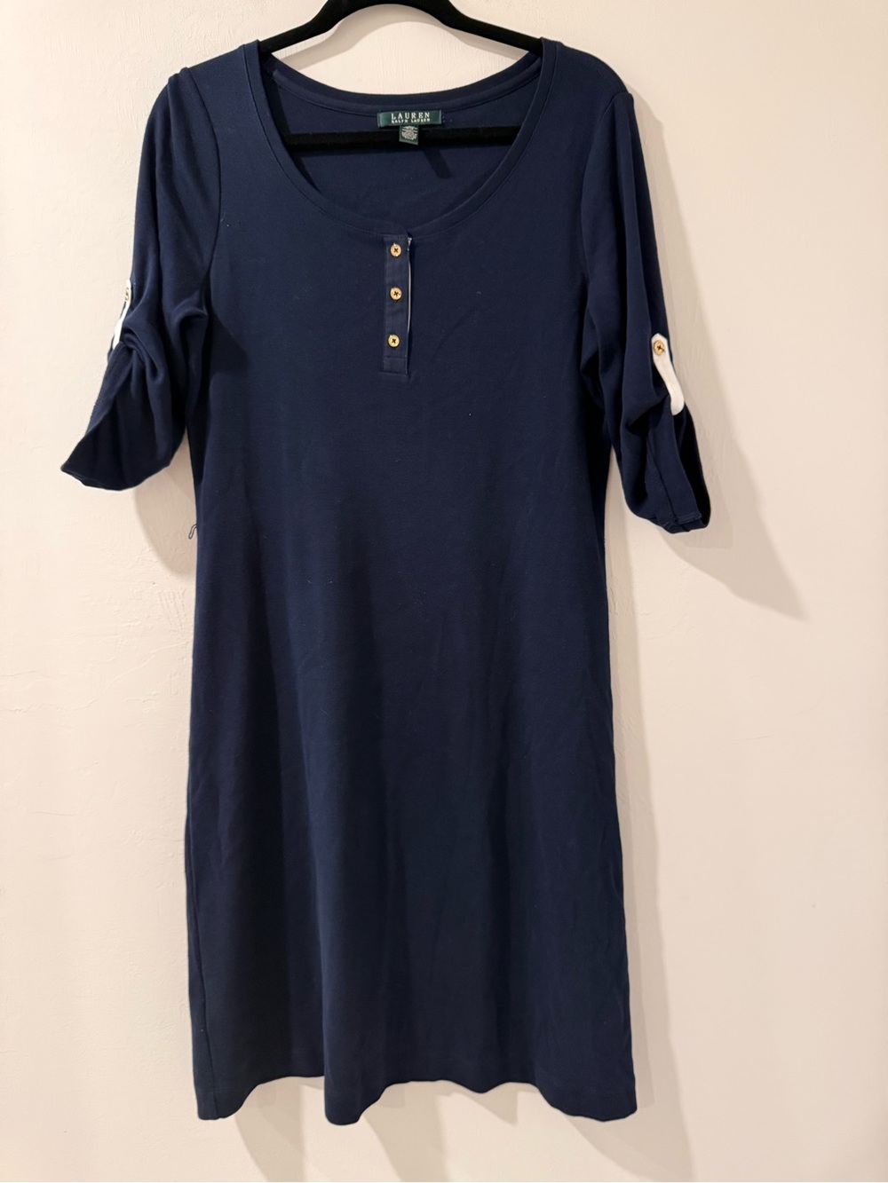 Lauren Ralph Lauren Navy 100% Cotton Roll Tab Sleeve Henley Dress Size L